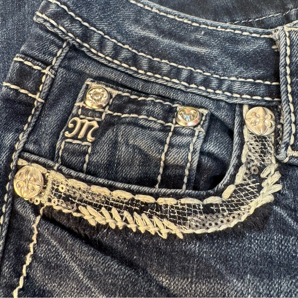 Miss Me Signature Slim Boot Western Sequins Embellished Denim Blue Jeans - Picture 3 of 12